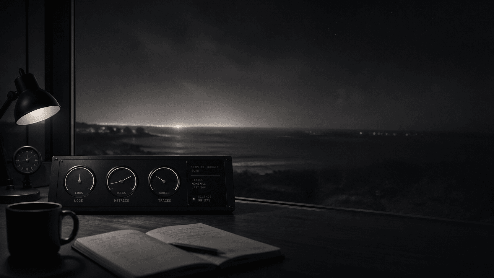 A night desk overlooking the coast at the end of a shift: a lamp, a clock, a mug, an open notebook and an instrument panel at rest.